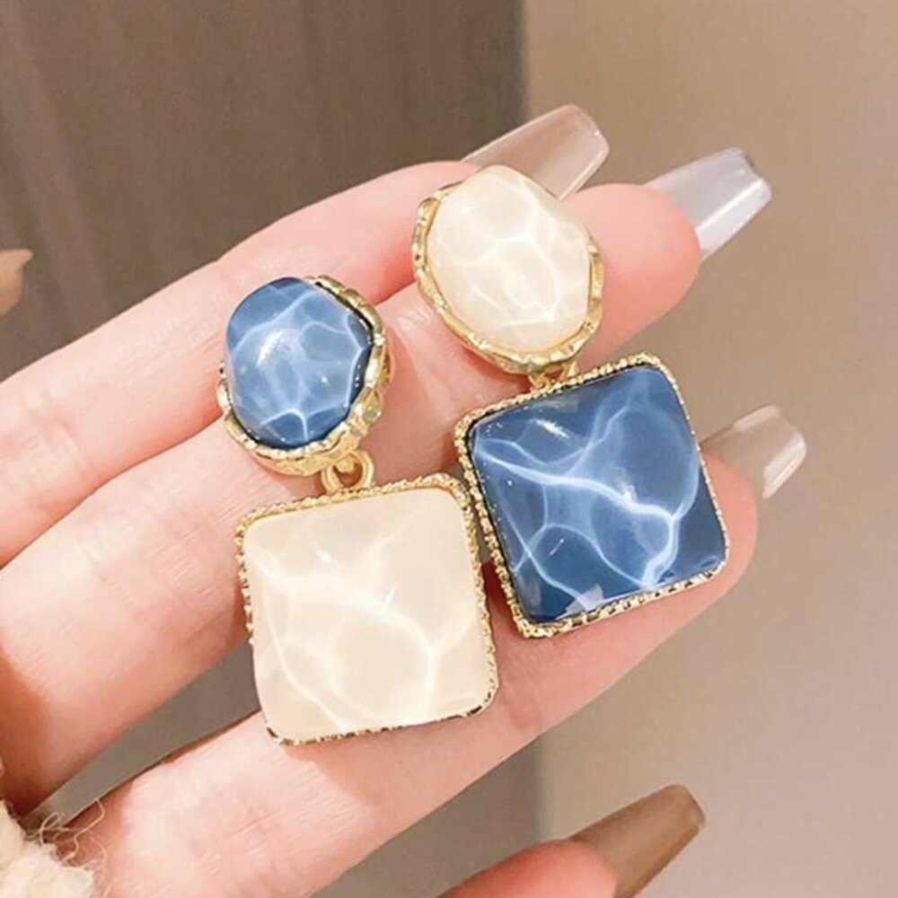 Blue and White Geometric Drop Earrings for women